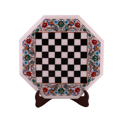 Octagonal Chess Board Table Top With Pieces And Wood Leg Stand