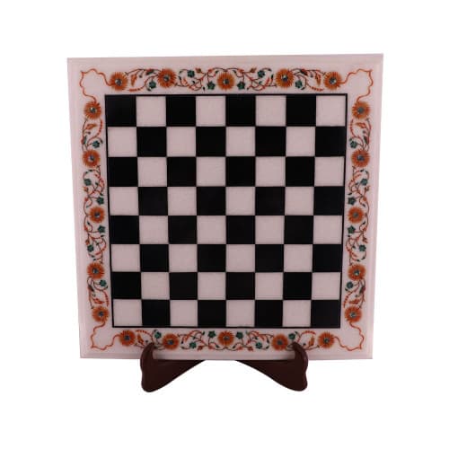 Luxury Square White Marble Chess Table Inlaid Real Gemstones