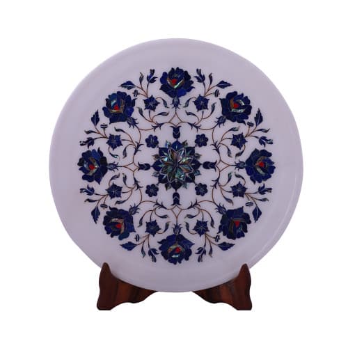 White Marble Wall Plate Inlaid With Lapislazuli Gemstone